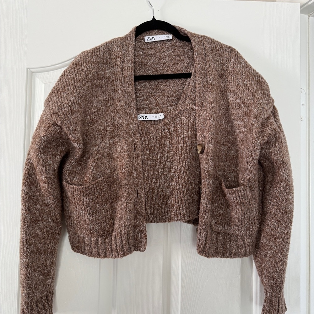 Zara Brown Cardigan Sweater Set with Relaxed Fit - Picture 2 of 4